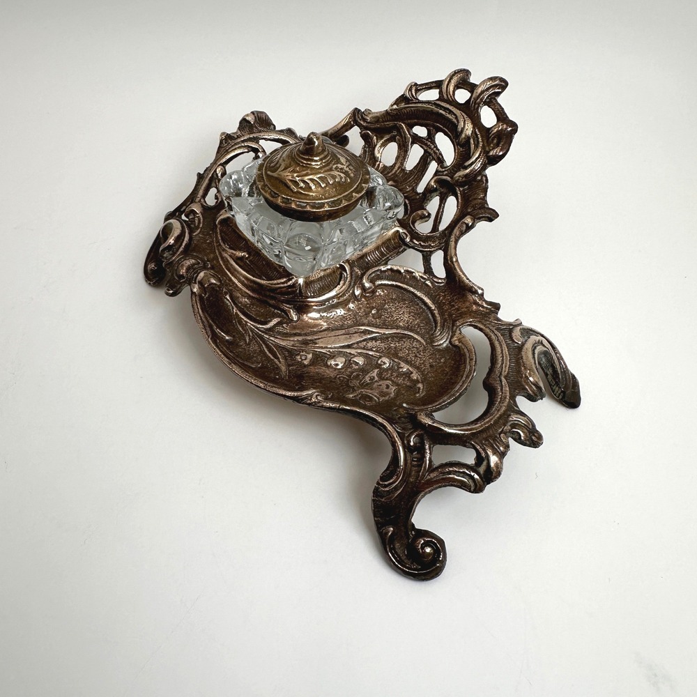 Art Nouveau Brass Desk Inkwell Heavy Cast Metal Victorian Library Dark Academia - Picture 7 of 11